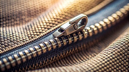 A close-up view of a zipper with gold teeth on a textured brown surface, highlighting the intricate details of the fastener and the soft, warm fabric it is attached to.