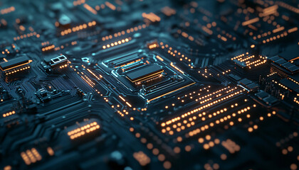 Obraz premium A close-up of a futuristic circuit board with glowing lines and components, evoking high-tech and digital precision