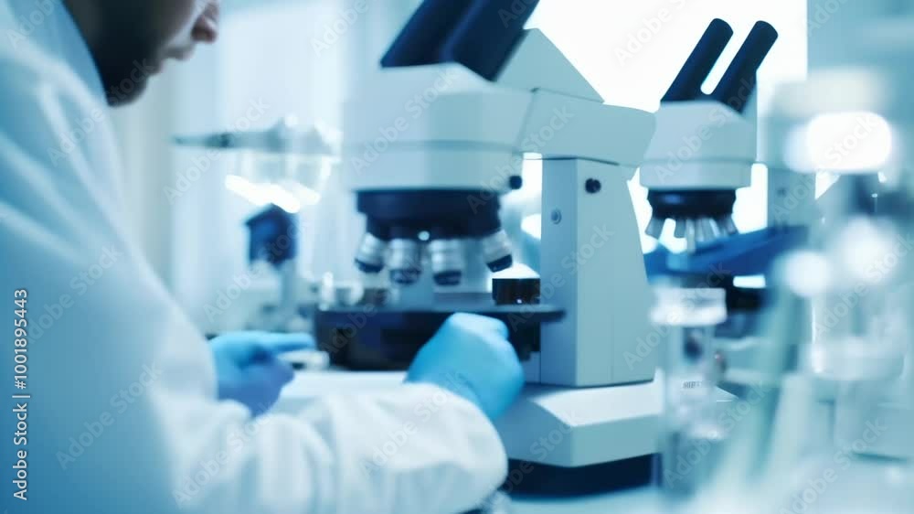 Poster Scientist is adjusting a microscope slide while conducting research in a modern laboratory, surrounded by scientific equipment