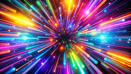 Fototapeta premium A vibrant burst of colorful light streaks converge towards a black void, creating an energetic and dynamic abstract composition.