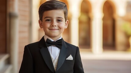 Traditional Spanish Communion Boy in Formal Attire Against Church Background