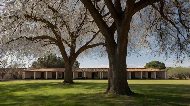 Arboles florecen en casa de campo