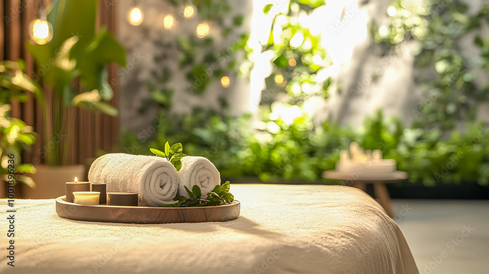 Poster relaxing spa setting with towels and candles