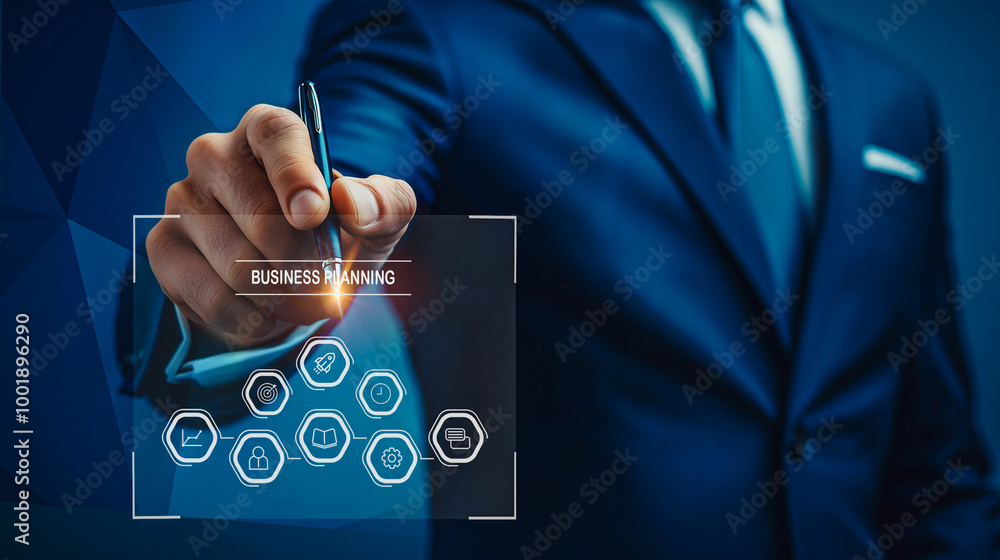 Poster a businessman uses a stylus to interact with a digital interface labeled network planning, demonstra