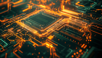 Obraz premium A close-up of a futuristic circuit board with glowing lines and components, evoking high-tech and digital precision