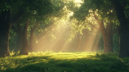 Fototapeta premium A misty forest at dawn, with faint rays of sunlight filtering through the thick canopy