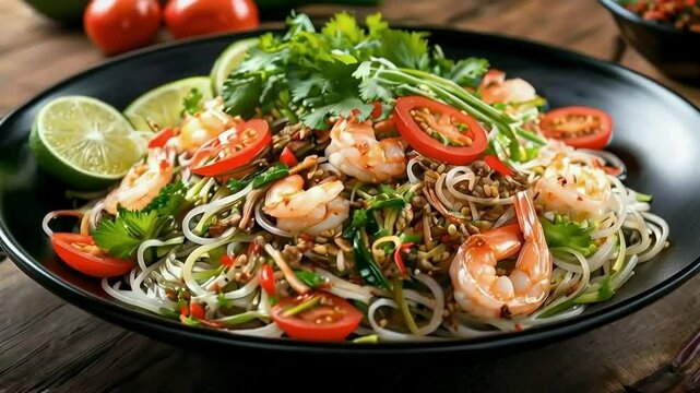 Fresh Shrimp Salad with Rice Noodles, Tomatoes, Cilantro, and Lime