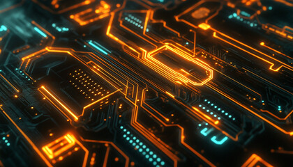 Fototapeta premium A close-up of a futuristic circuit board with glowing lines and components, evoking high-tech and digital precision