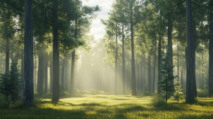 Fototapeta premium A misty forest at dawn, with soft rays of sunlight gently filtering through the thick canopy