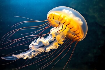 Minimal jellyfish floating in a clean, abstract design, its tendrils trailing softly in a fluid motion