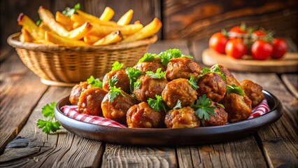 A plate of golden brown meatballs, garnished with fresh parsley, served on a rustic wooden table with a basket of crispy fried potatoes in the background.