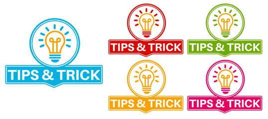 set tips and trick hint icon labels. tips with light bulb template sticker design vector illustration