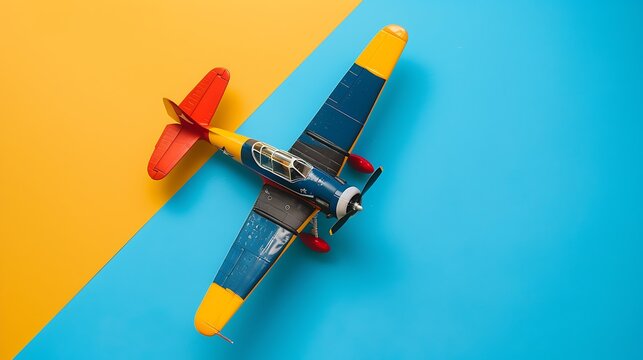 A toy airplane with a pilot on a blue and yellow background