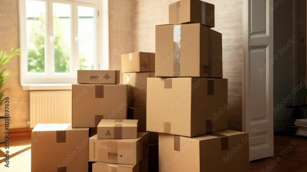 Poster cardboard boxes are stacked high in an empty room with sunlight shining through the window, suggesti