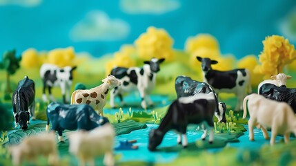 A toy animal farm with cows and sheep on a blue and yellow background
