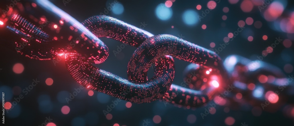 Poster high-tech chain link structure with digital matrix and futuristic blockchain concept