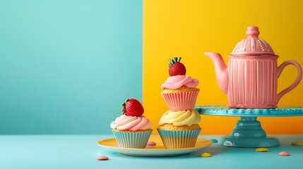 A toy bakery set with cupcakes on a blue and yellow background