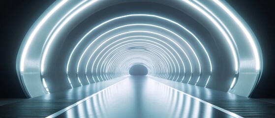 Obraz premium Futuristic tunnel with glowing white lights arranged in symmetrical, curved rows, leading towards a vanishing point