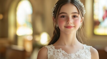 Naklejka premium Elegant Israeli Girl Celebrating Bat Mitzvah in Stunning Formal Dress at Synagogue