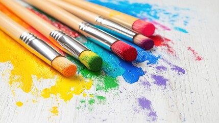 Obraz premium Paintbrushes with vibrant colors on a white background, artistic tools for creativity.