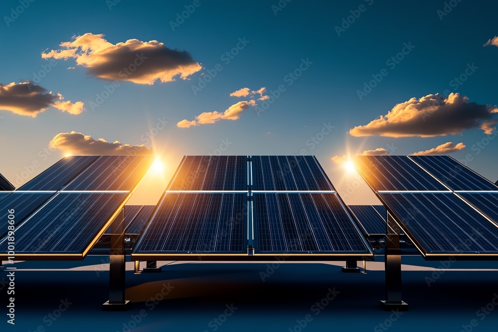 Aufkleber Minimalist solar panel array, placed against a simple, gradient sky, with soft lines representing sunlight