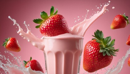 Bright and refreshing strawberry milkshake with splashes on pink background with scattered strawberries 