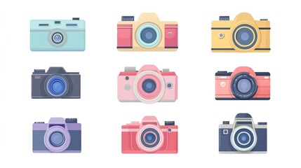 A comprehensive camera icon set featuring flat illustrations of various camera designs on a clean white background. Each icon is meticulously crafted to represent different types of cameras, 