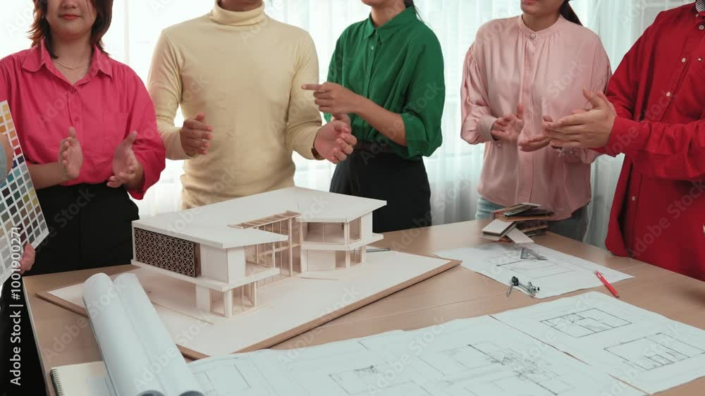 Poster slow motion home designer using architectural equipment draw a blueprint while interior designer sel