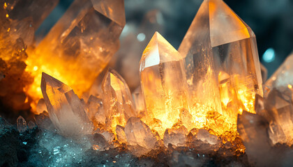 Fototapeta premium Detailed images of natural crystal formations, with sharp edges and glowing, translucent hues, adding a magical, geological beauty