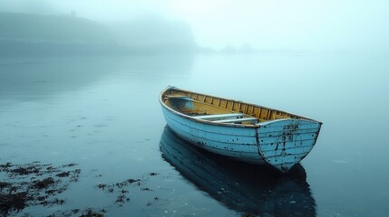 Misty Waters and Abandoned Blue Boat in Calm Sea