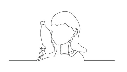 mineral water product advertising concept.woman holding mineral water bottle.continuous line.drawing one line vector