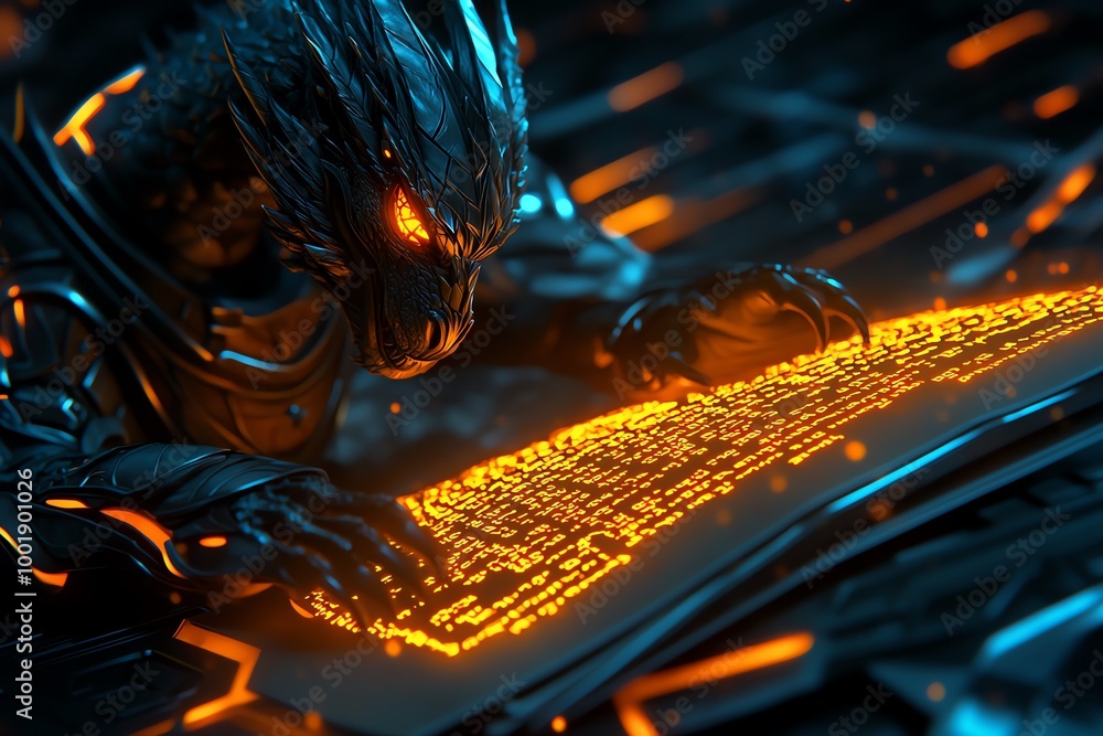 Aufkleber Mythical creatures coding, shown as dragons and griffins typing lines of glowing code on magical scrolls that float in the air