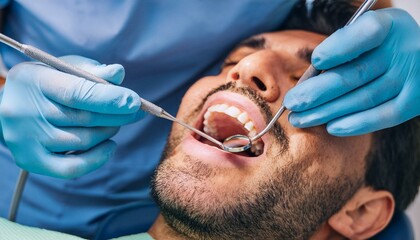 Patient having a dental treatment with tool in patients mouth at the dentistry for an improved smile 