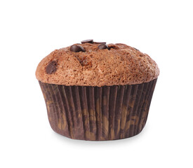 Delicious sweet muffin with chocolate chips isolated on white