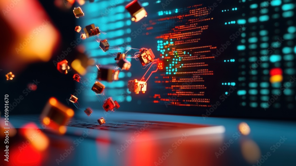 Poster a computer screen displaying a network topology with highlighted security threats, emphasizing netwo