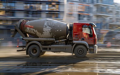 Fototapeta premium Concrete Mixer Truck Churning Cement on Urban Construction Site