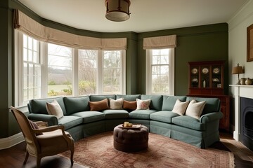 Fototapeta premium Cozy Vintage Farmhouse Retreat Featuring Classic U-Shaped Sofa by Bay Window