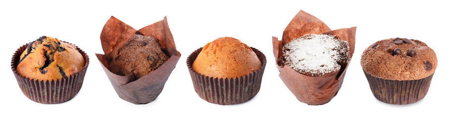 Different yummy muffins isolated on white, set