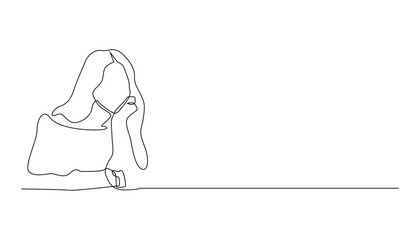 continuous line drawing of a woman daydreaming. woman daydreaming and holding her chin. restless woman drawn in one vector line. isolated on white background