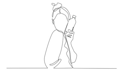 mineral water product advertising concept.woman holding mineral water bottle.continuous line.drawing one line vector