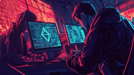 A hooded figure and a man in glasses working on computers in a dimly lit room with a red glow