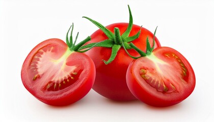 Tomato isolated. Fresh tomato. Tomato vegetables isolated on white background. Natural, organic and fresh whole tomatoes. Delicious and healthy ingredient for salads and seasonal food.
