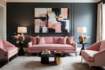 Blush Pink Sofa in Modern Interior Design Featuring Bold Abstract Mural and Stylish Coffee Table Layout