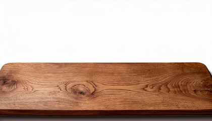 Fototapeta premium Brown texture of stained oak wood cutting board with grain on white background, fragment of a wooden panel hardwood. Space for text. Rustic countertop of timber surface.