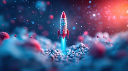 A spaceship, its hull shimmering with digital patterns, traverses a cosmic landscape, a fusion of technology and the surreal beauty of the cosmos.