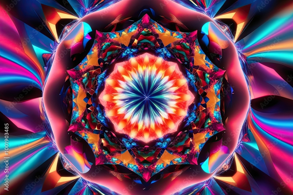 Poster vibrant chaotic sphere 3d visualization with kaleidoscopic colors and geometric patterns