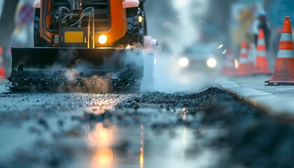Asphalt Paver Laying Fresh Road Surface with Steam Rising