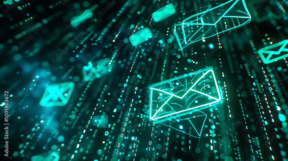 Fototapete glowing envelope icons floating in dark space with binary streams
