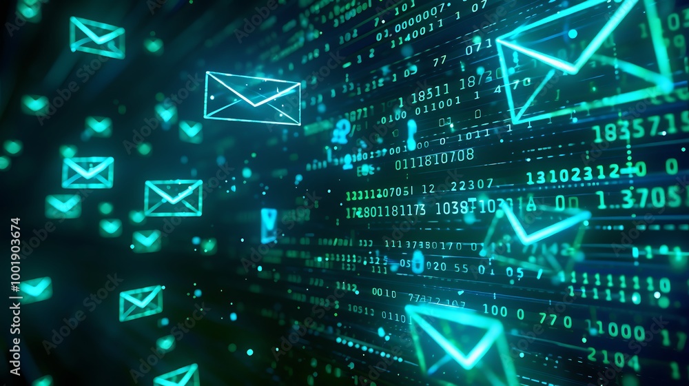 Fototapete glowing envelope icons floating in dark space with binary streams