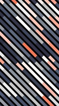 Abstract diagonal rows of narrow lines with white light impulse moving along them. Animation. Colorful stripes devided into segments on black background.